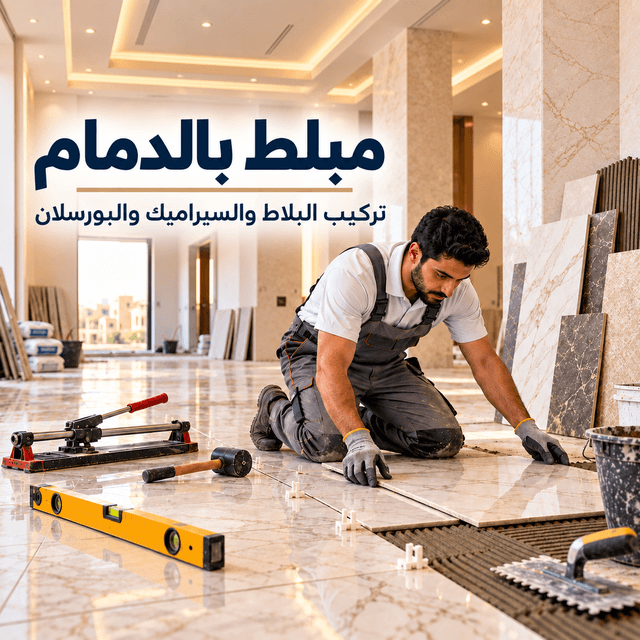 مبلط بالدمام أثناء تركيب بلاط أرضيات داخل منزل تحت التشطيب